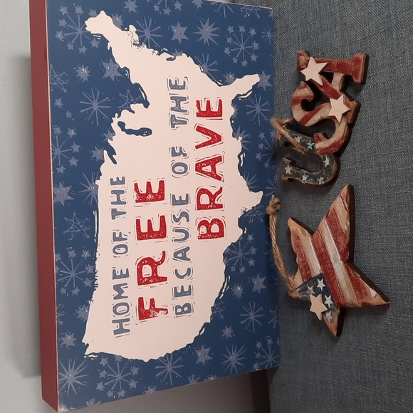 Americana Wall Art Box Sign 2 Ornament Set Wood Patriotic USA Star American July - Picture 1 of 9